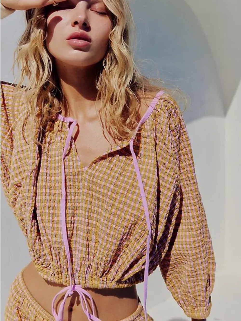 Free People Free-est Clara Plaid Gingham Seersucker Top (Small)